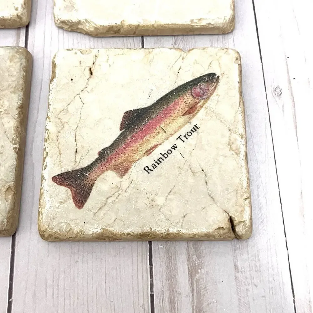 Studio Vertu Stone Coaster Set 4 Fish Salmon Trout Travertine Rustic Lodge Decor